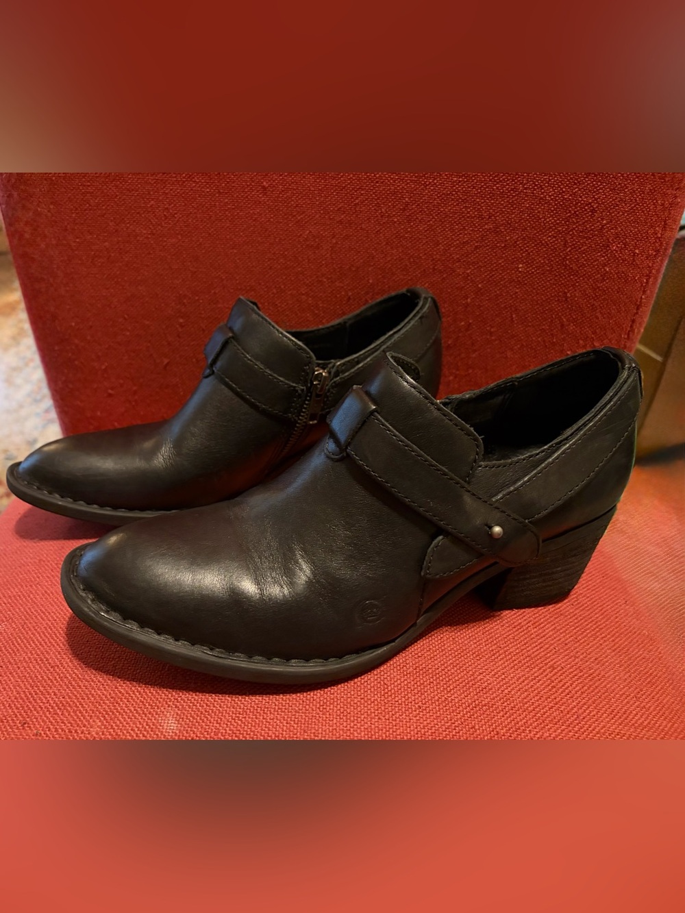 Women's Born Black Leather Ankle Booties with Low Block Heel